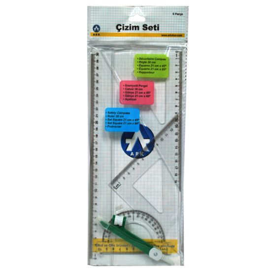 صورة طقم هندسي 5 قطع (2 مثلث + مسطرة 20 سم + منقلة + برجل) بلاستيك شفاف - أرك
